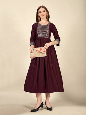 Ethnic Embroiderd Wine Colour Long Kurti For Traditional Party Looks 1