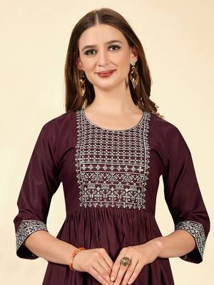Ethnic Embroiderd Wine Colour Long Kurti For Traditional Party Looks 3
