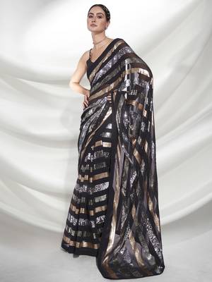 Black Georgette Sequin Work Saree with Unstitched Blouse 2