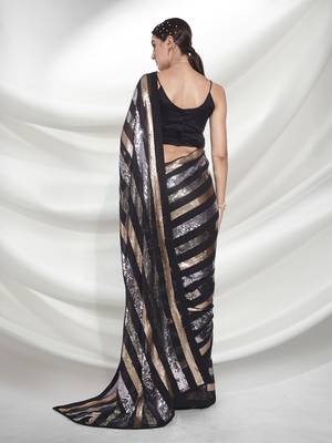 Black Georgette Sequin Work Saree with Unstitched Blouse 3