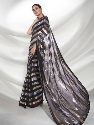 Black Georgette Sequin Work Saree with Unstitched Blouse 5