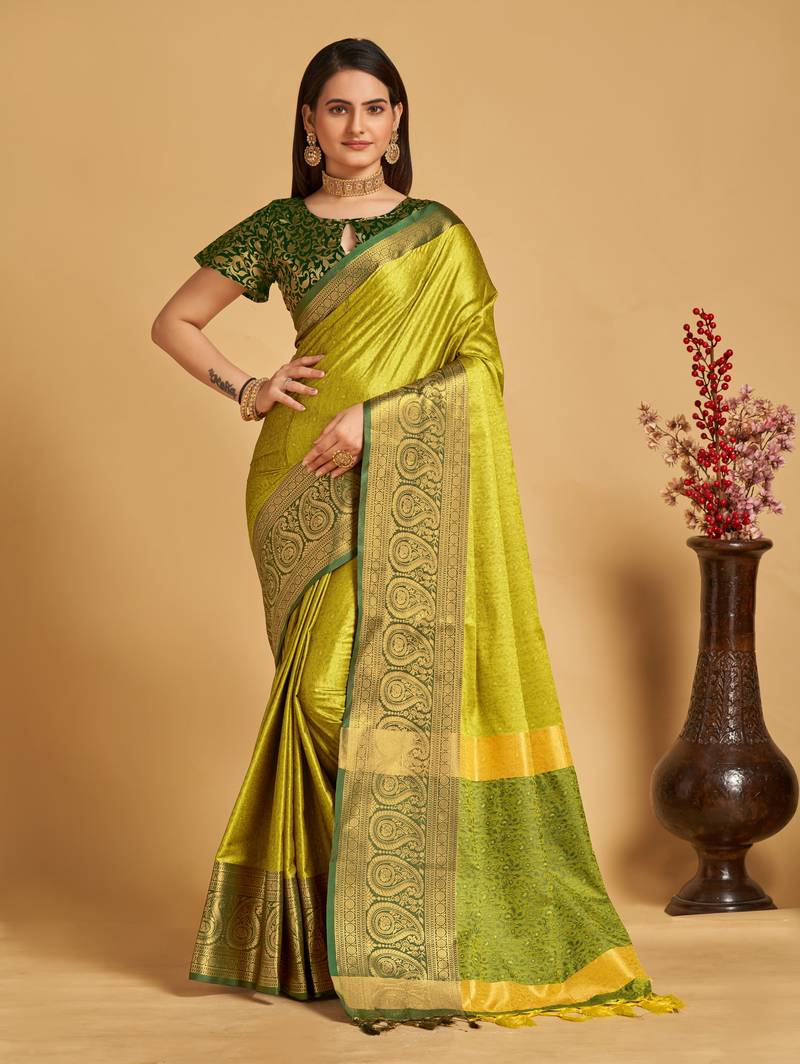 Cotton Silk Geometric Design Woven Saree- Green Color main image 0