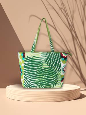 Eco-Friendly Parrot Green, Off White & Multi Cotton Canvas Floral Printed Handheld Bag 1