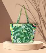 Eco-Friendly Parrot Green, Off White & Multi Cotton Canvas Floral Printed Handheld Bag