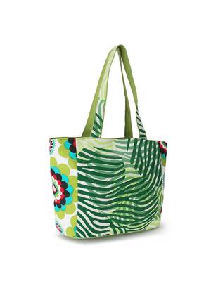 Eco-Friendly Parrot Green, Off White & Multi Cotton Canvas Floral Printed Handheld Bag 3