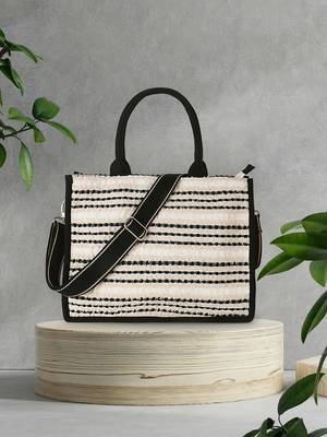 Boho Natural & Black Jacquard Cotton Canvas Striped Self Design Handheld Bag 1