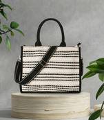 Boho Natural & Black Jacquard Cotton Canvas Striped Self Design Handheld Bag