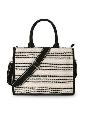Boho Natural & Black Jacquard Cotton Canvas Striped Self Design Handheld Bag 2