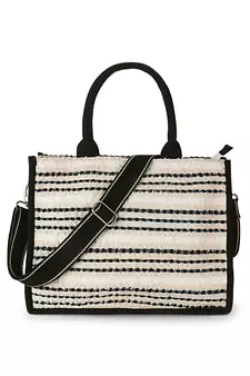 Boho Natural & Black Jacquard Cotton Canvas Striped Self Design Handheld Bag