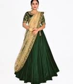 Embellished and solid Bottle Green Velvet Designer semi-stitched Half saree with unstitched Blouse and dupatta