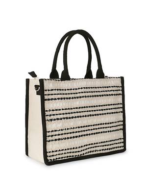 Boho Natural & Black Jacquard Cotton Canvas Striped Self Design Handheld Bag 3