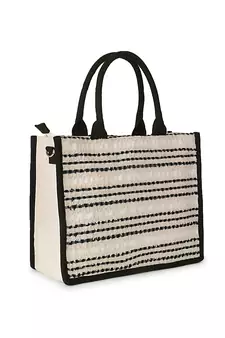 Boho Natural & Black Jacquard Cotton Canvas Striped Self Design Handheld Bag