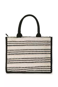 Boho Natural & Black Jacquard Cotton Canvas Striped Self Design Handheld Bag