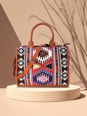 Tribal Tan & Multi Jacquard Cotton Canvas Ethnic Motifs Self Design Handheld Bag 1