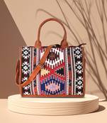 Tribal Tan & Multi Jacquard Cotton Canvas Ethnic Motifs Self Design Handheld Bag