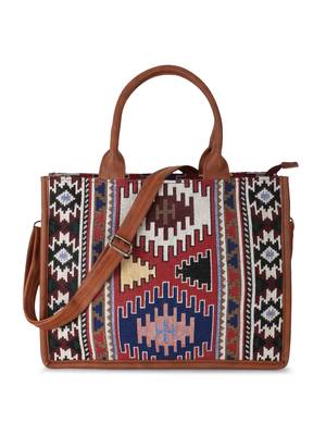 Tribal Tan & Multi Jacquard Cotton Canvas Ethnic Motifs Self Design Handheld Bag 2