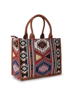 Tribal Tan & Multi Jacquard Cotton Canvas Ethnic Motifs Self Design Handheld Bag 3