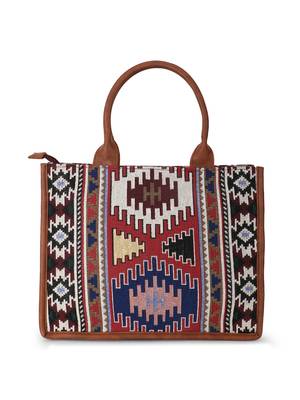 Tribal Tan & Multi Jacquard Cotton Canvas Ethnic Motifs Self Design Handheld Bag 4