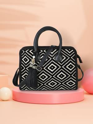 Anekaant Geomat Natural & Black Jacquard Cotton Canvas Diamond Self Design Handheld Bag 1