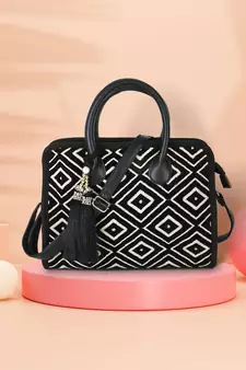 Anekaant Geomat Natural & Black Jacquard Cotton Canvas Diamond Self Design Handheld Bag
