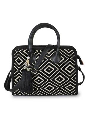 Anekaant Geomat Natural & Black Jacquard Cotton Canvas Diamond Self Design Handheld Bag 2