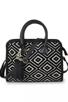 Anekaant Geomat Natural & Black Jacquard Cotton Canvas Diamond Self Design Handheld Bag