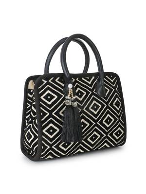 Anekaant Geomat Natural & Black Jacquard Cotton Canvas Diamond Self Design Handheld Bag 3