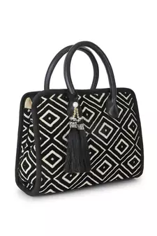 Anekaant Geomat Natural & Black Jacquard Cotton Canvas Diamond Self Design Handheld Bag