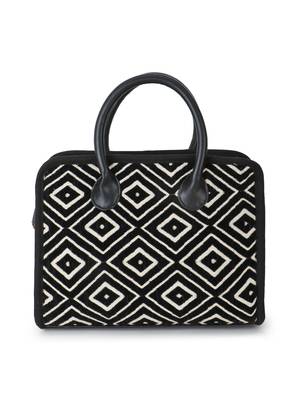 Anekaant Geomat Natural & Black Jacquard Cotton Canvas Diamond Self Design Handheld Bag 4