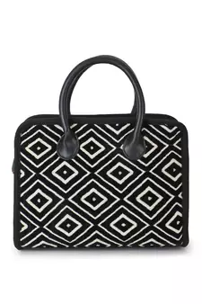 Anekaant Geomat Natural & Black Jacquard Cotton Canvas Diamond Self Design Handheld Bag