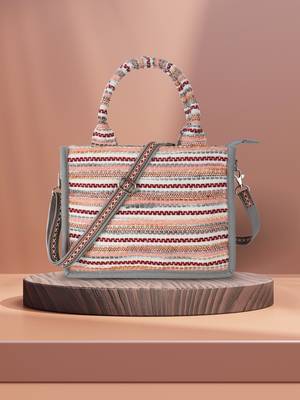 Geomat Grey & Multi Jacquard Cotton Canvas Striped Self Design Handheld Bag 1
