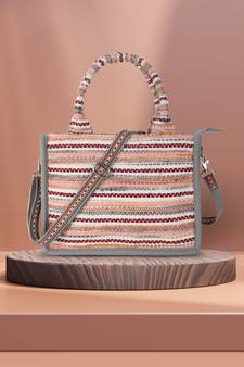 Geomat Grey & Multi Jacquard Cotton Canvas Striped Self Design Handheld Bag