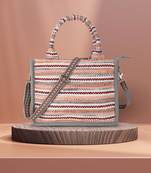 Geomat Grey & Multi Jacquard Cotton Canvas Striped Self Design Handheld Bag