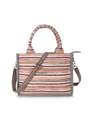 Geomat Grey & Multi Jacquard Cotton Canvas Striped Self Design Handheld Bag 2