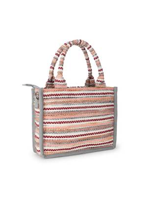 Geomat Grey & Multi Jacquard Cotton Canvas Striped Self Design Handheld Bag 3
