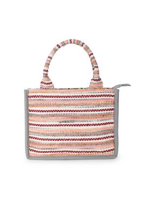 Geomat Grey & Multi Jacquard Cotton Canvas Striped Self Design Handheld Bag 4