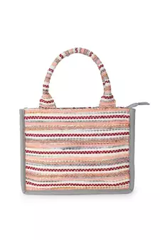 Geomat Grey & Multi Jacquard Cotton Canvas Striped Self Design Handheld Bag