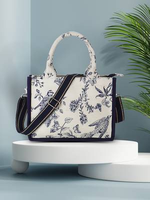 Jungle Natural & Navy Jacquard Cotton Canvas Animal & Floral Self Design Handheld Bag 1