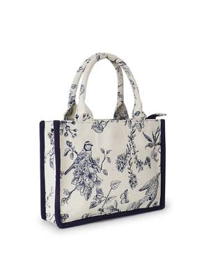 Jungle Natural & Navy Jacquard Cotton Canvas Animal & Floral Self Design Handheld Bag 3