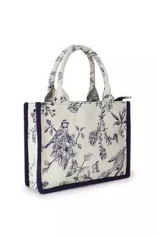 Jungle Natural & Navy Jacquard Cotton Canvas Animal & Floral Self Design Handheld Bag