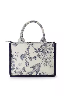 Jungle Natural & Navy Jacquard Cotton Canvas Animal & Floral Self Design Handheld Bag