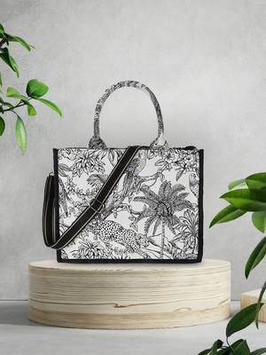Jungle White & Black Jacquard Cotton Canvas Animal & Floral Self Design Handheld Bag 1
