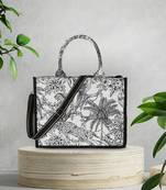 Jungle White & Black Jacquard Cotton Canvas Animal & Floral Self Design Handheld Bag