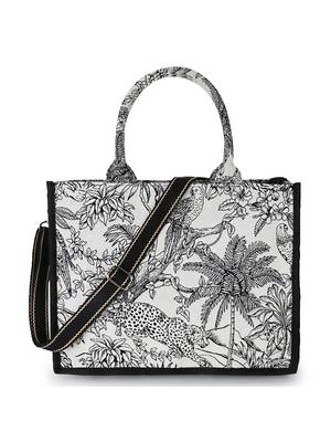 Jungle White & Black Jacquard Cotton Canvas Animal & Floral Self Design Handheld Bag 2
