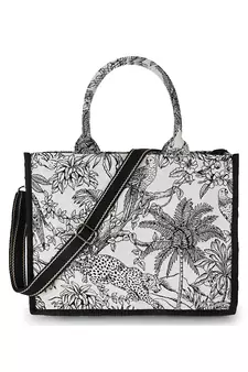 Jungle White & Black Jacquard Cotton Canvas Animal & Floral Self Design Handheld Bag