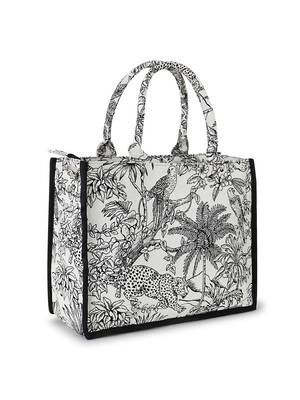 Jungle White & Black Jacquard Cotton Canvas Animal & Floral Self Design Handheld Bag 3
