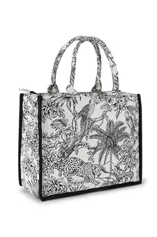 Jungle White & Black Jacquard Cotton Canvas Animal & Floral Self Design Handheld Bag