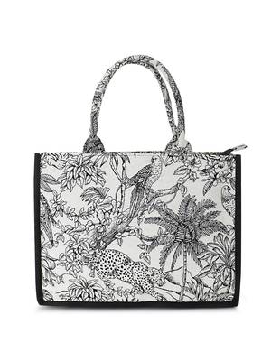 Jungle White & Black Jacquard Cotton Canvas Animal & Floral Self Design Handheld Bag 4