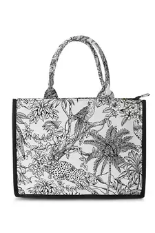 Jungle White & Black Jacquard Cotton Canvas Animal & Floral Self Design Handheld Bag