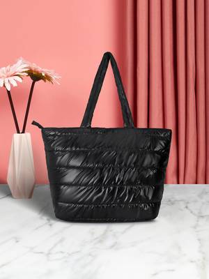 Uno Black Quilted Polyester Striped Self Design Handheld Bag 1